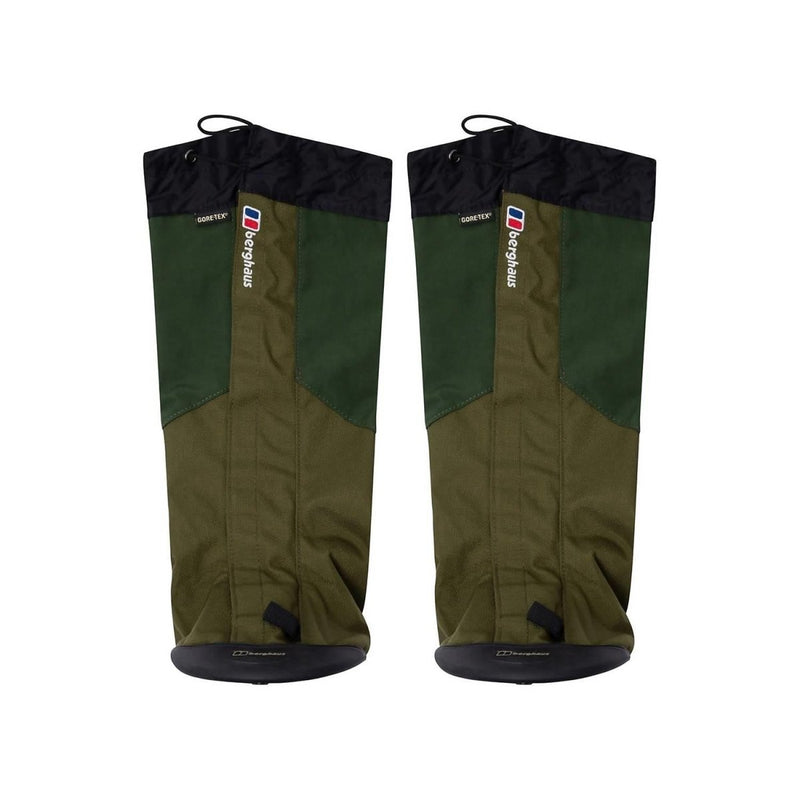 Pair of Berghaus Yeti Gore-Tex waterproof hiking gaiters in green and black with front hook-and-loop closure and rubber underfoot rand