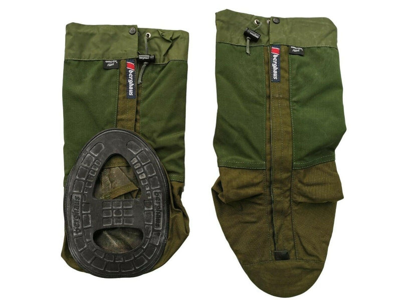 Berghaus Yeti Gore-Tex waterproof hiking gaiters in green with rubber sole and full front closure, winter outdoor gear.