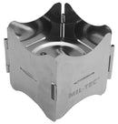 Foldable stainless steel camping stove by MIL-TEC with compact, lightweight design for outdoor cooking and easy assembly.