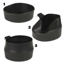 Three black BPA-free outdoor mess kit components including a large bowl, small bowl, and folding cup for camping.