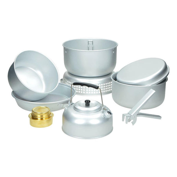 MIL-TEC CAMPING STOVE SET utomhus köksredskapskit Alkoholbrännare Aluminiumpanna