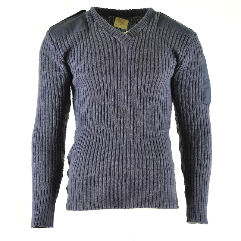 Original British Army Pullover Commando Jumper Blue Grey Sweater Wool V-ring