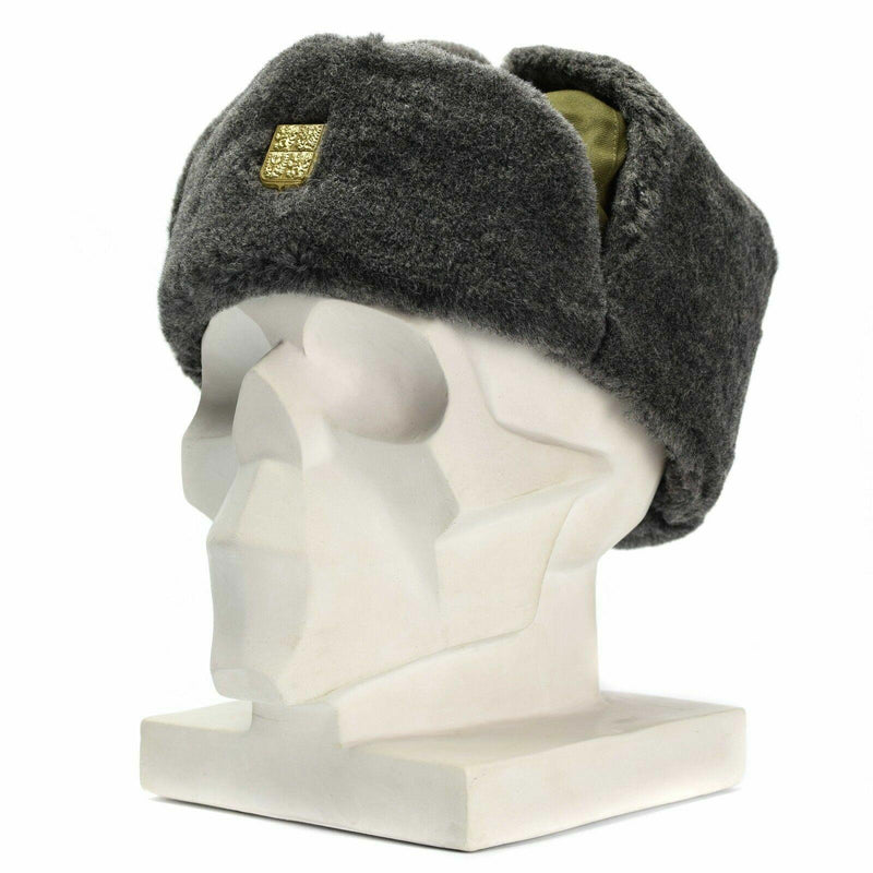 Äkta tjeckiska armé Cap militär vinterhatt ushanka grå olivhatt med märke ny