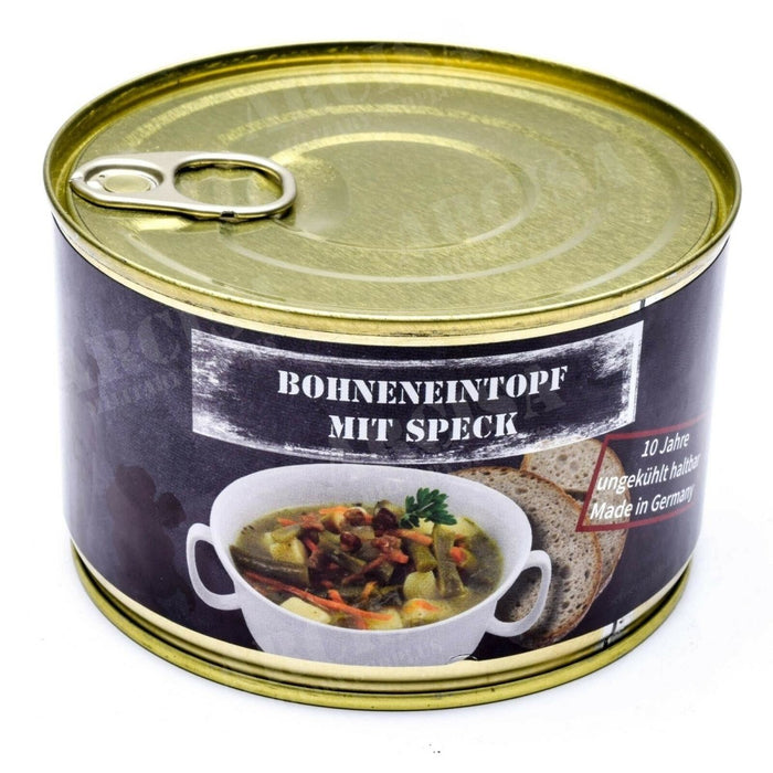 400g burk tysk nödranson böngryta med bacon, lång hållbarhet och energirik överlevnadsmat.