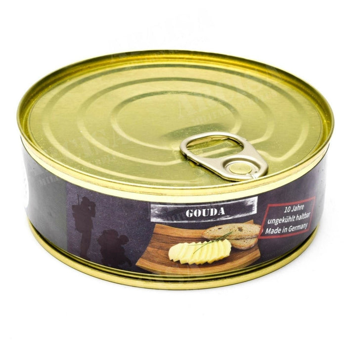 200g konserverad Gouda-ost för nödransoner, tillverkad i Tyskland, lång hållbarhet, perfekt för överlevnad och camping.