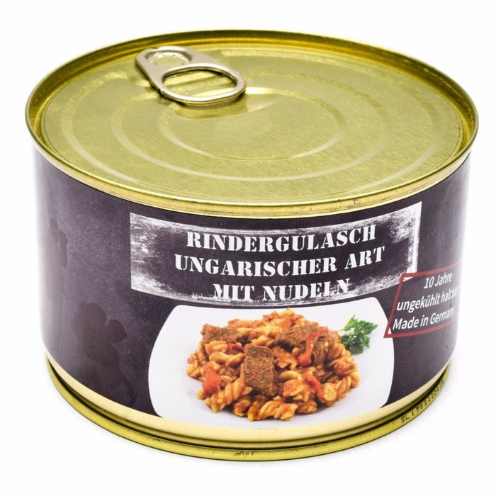 Nödranson konserverad ungersk nötköttsgulasch 400g med nudlar, lång hållbarhet, energirik överlevnadsmat tillverkad i Tyskland.