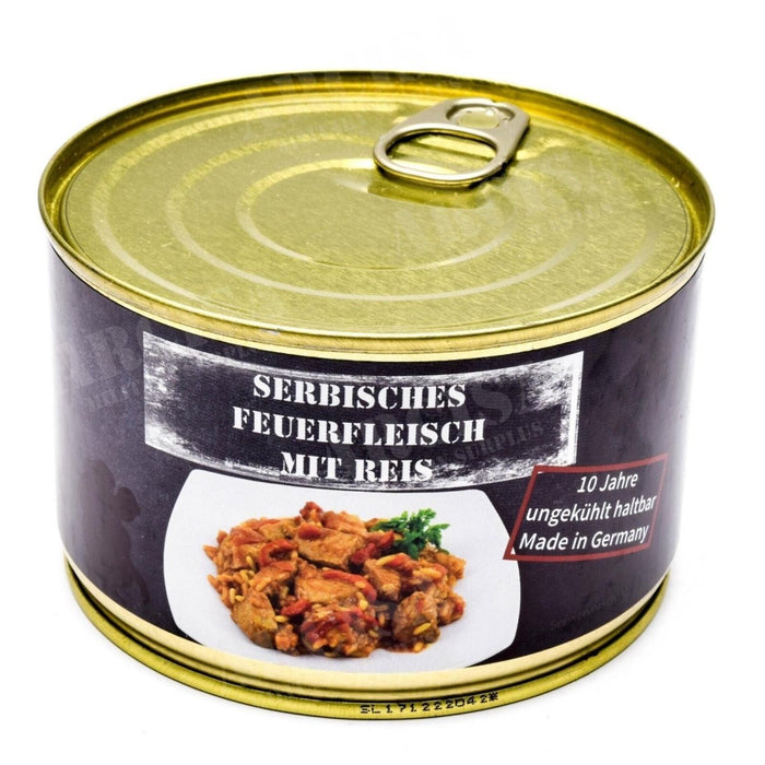 Serbiskt fläskkött på burk med rismat, lång hållbarhet, tillverkat i Tyskland, 400g överlevnadsvandringsmåltid.