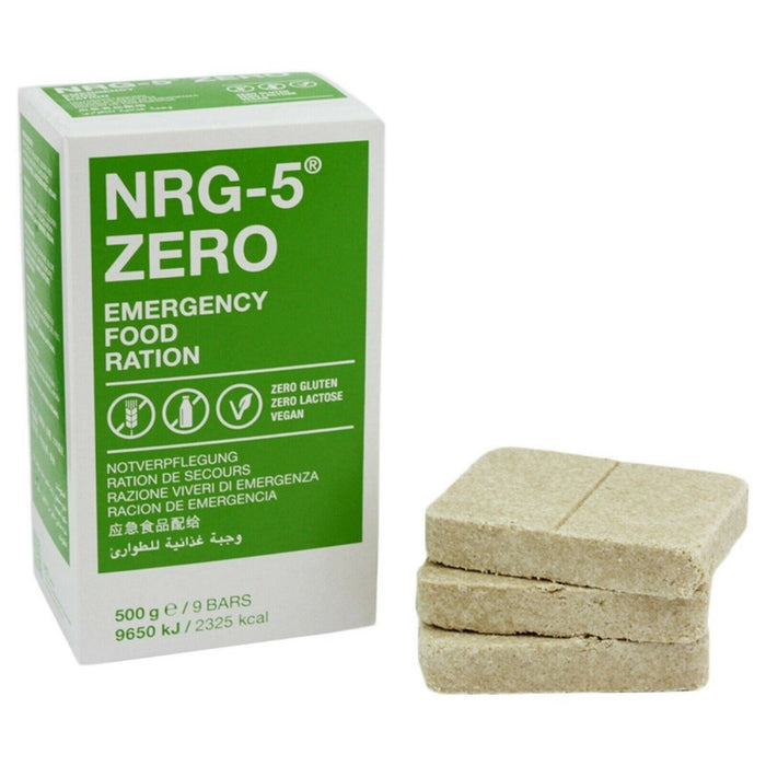 NRG-5 Zero Emergency Vegansk matransonförpackning med nio glutenfria barer, 500g totalvikt, högkaloriöverlevnadsmat.
