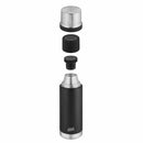 Black ESBIT SCULPTOR 1L stainless steel vacuum flask with leak-proof cap and insulated cups separated above the bottle.