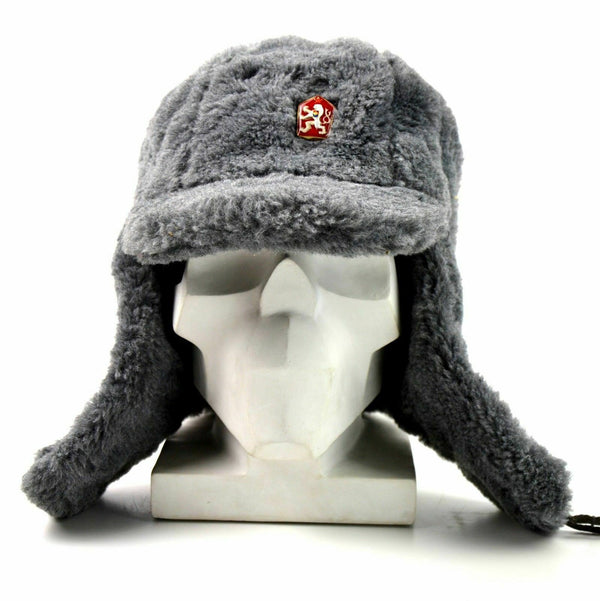 Äkta tjeckiska armé vinterkapslar ushanka grå päls varm hatt cz militär isignia