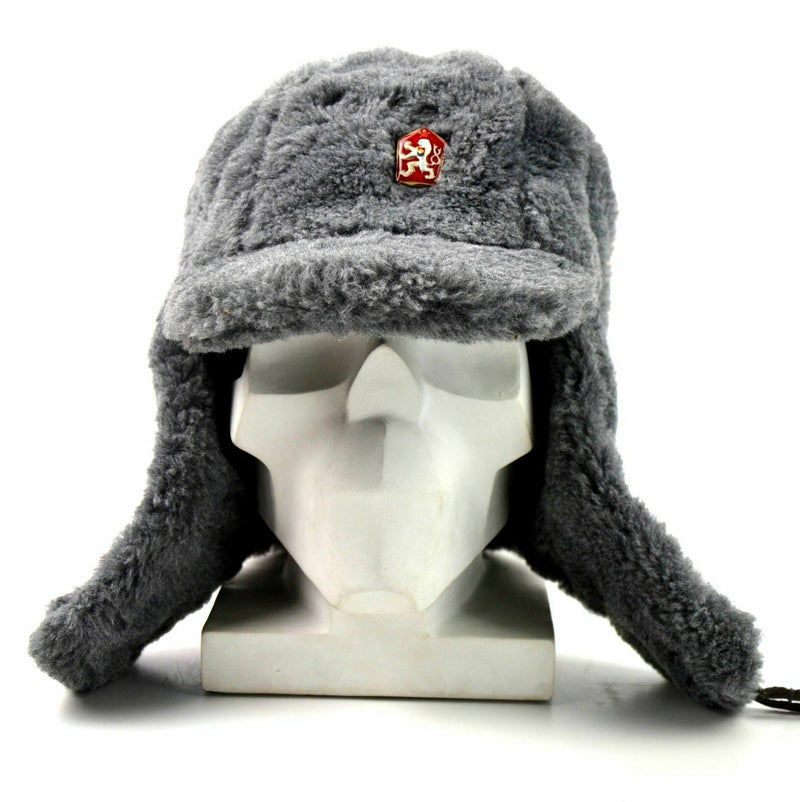 Äkta tjeckiska armé vinterkapslar ushanka grå päls varm hatt cz militär isignia