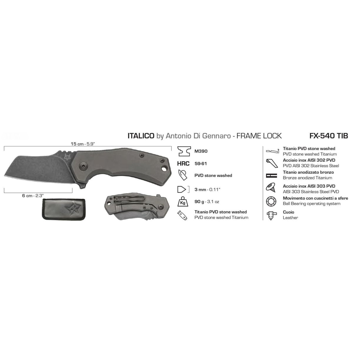 Fox Knives ITALICO fårfots fickkniv M390 stål taktisk kompakt vikning