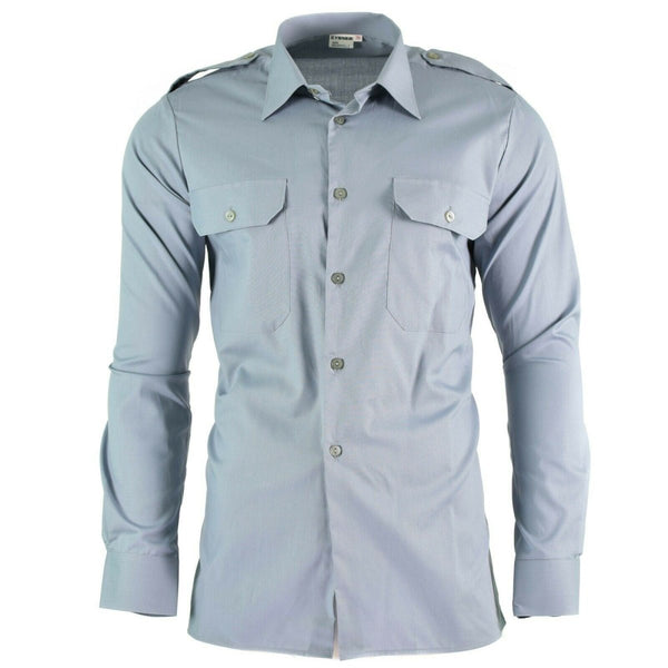 Genuine Austrian army grey long sleeve BDU shirt with epaulets and chest pockets, authentic military surplus garment.