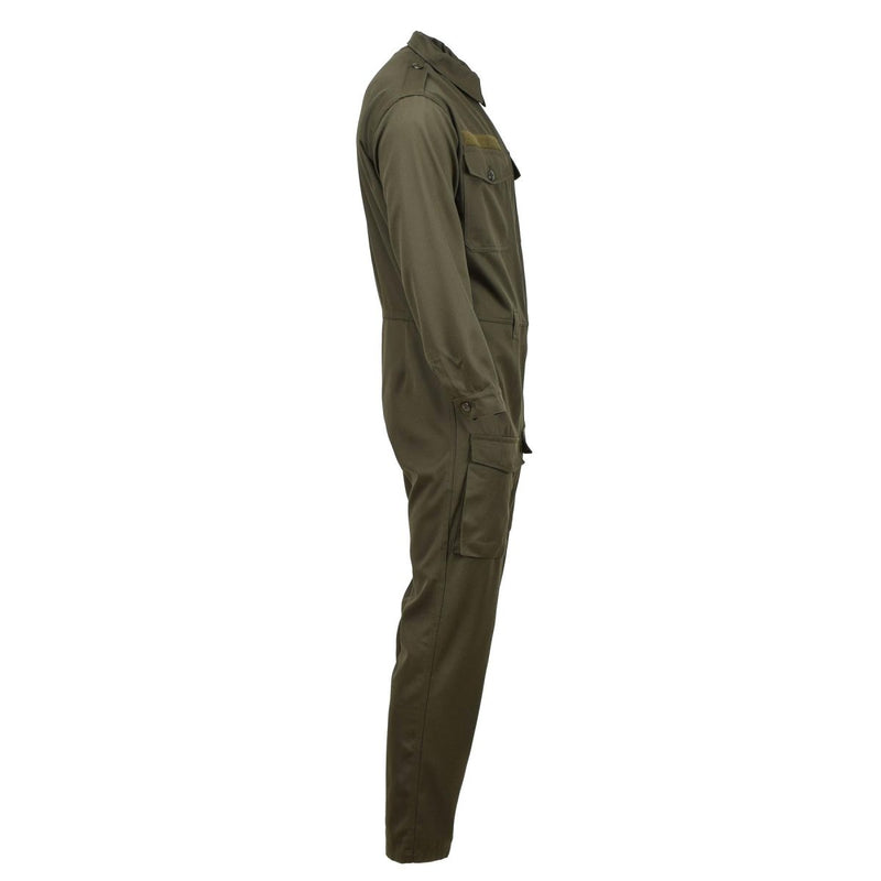 Side view of genuine Austrian military mechanic olive coverall with cargo pockets and shoulder epaulettes for workwear.