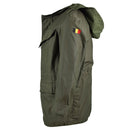 Olive green Genuine Belgian army M64 field jacket with hood and Belgian flag patch on sleeve, waterproof cotton parka