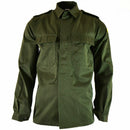 Vintage genuine Belgian army olive green military BDU field jacket with buttoned pockets and epaulets on shoulders