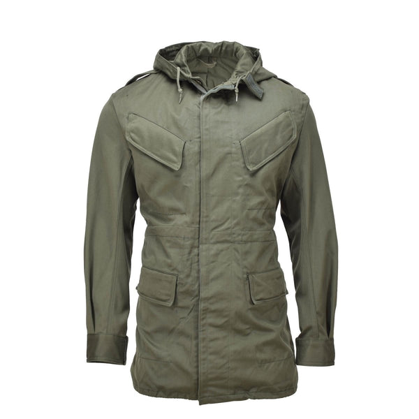 Genuine Belgian military olive green BDU hooded parka with storm flap and multiple pockets, vintage style jacket.