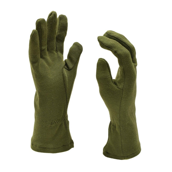 Ett par olivgröna brandsäkra brittiska arméhandskar gjorda av ullblandning med elastiska armband
