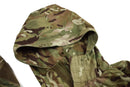 Close-up of a genuine British Military MTP camouflage parka hood and upper section with durable fabric and adjustable features