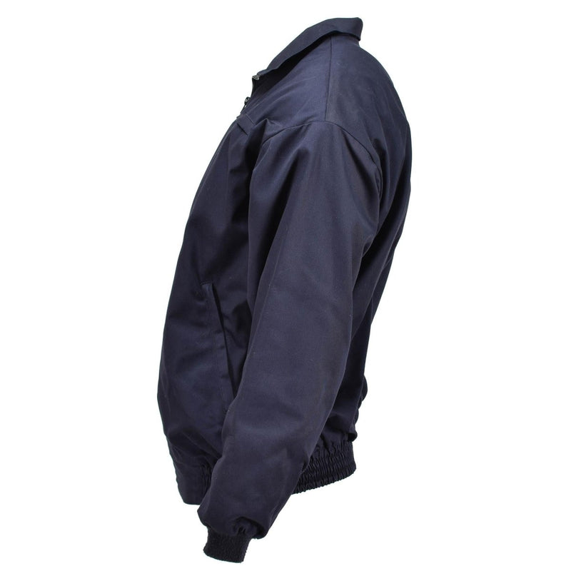 Side view of Genuine British RAF blue military bomber tracksuit jacket with elastic cuffs and waistband