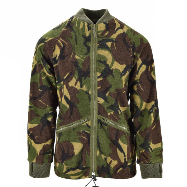British Military Cardigan Thermal Fleece Jacket in DPM camo with zip-up, rib-knit cuffs, collar, and adjustable hemline