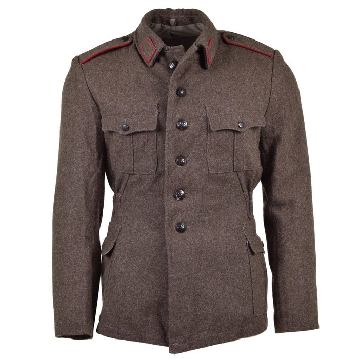 Vintage bulgarisk armyulljacka i gråbrun med militär design, knappstängning och flera fickor för hållbarhet.