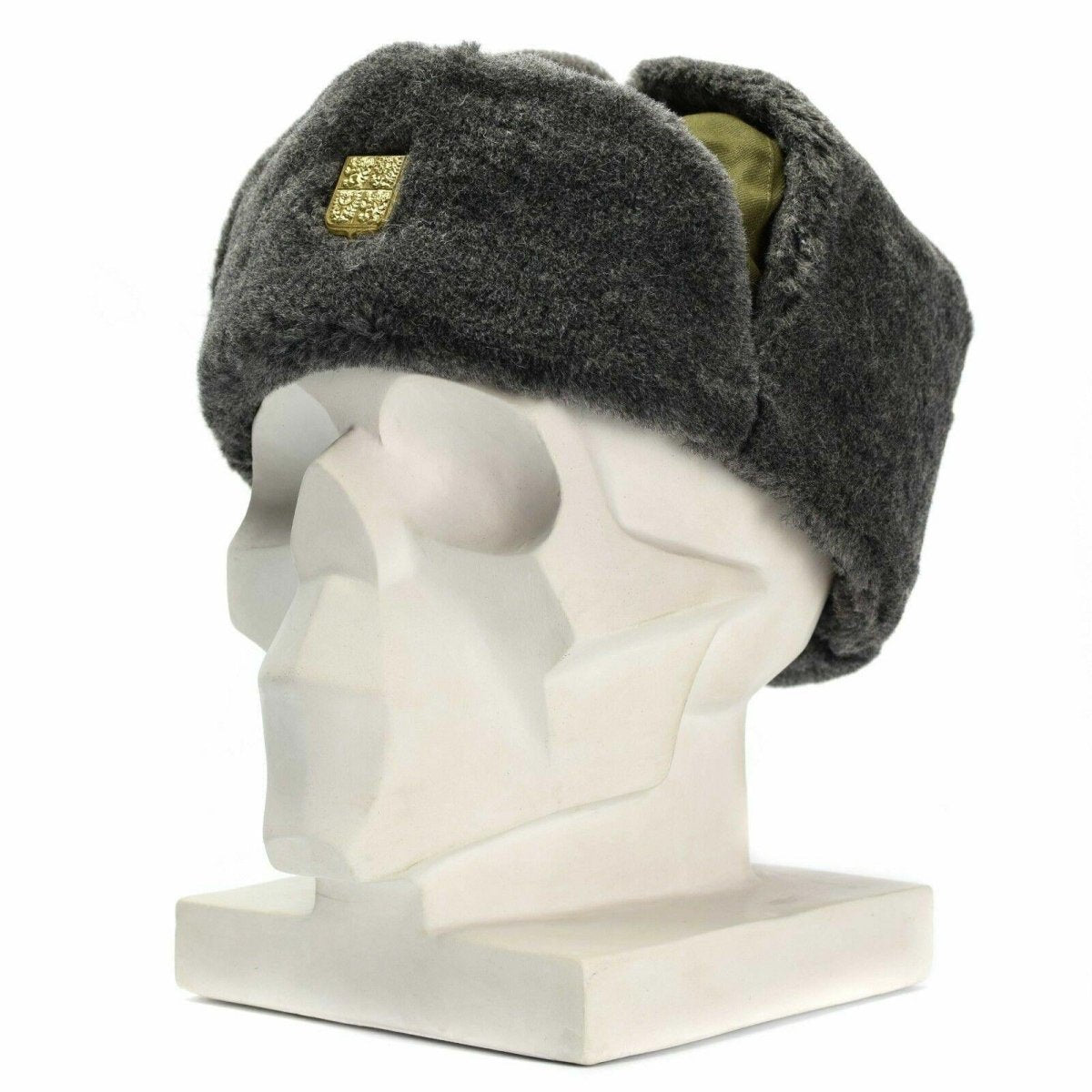 Äkta tjeckiska armé Cap militär vinterhatt ushanka grå olivhatt med märke ny