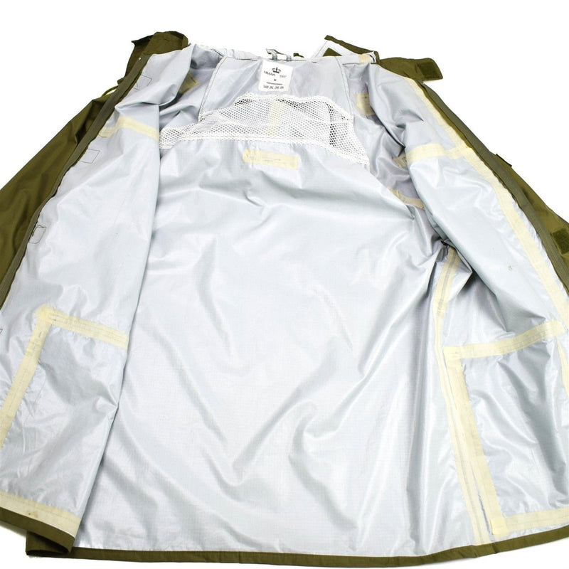 Interior view of waterproof Genuine Danish army O.D wet weather jacket with taped seams and breathable lining
