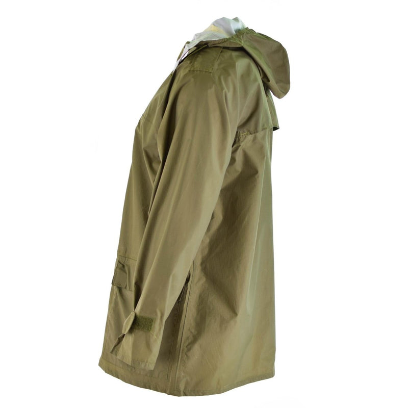 Genuine Danish army olive drab waterproof rain jacket with hood, adjustable cuffs, and storm flap for wet weather protection