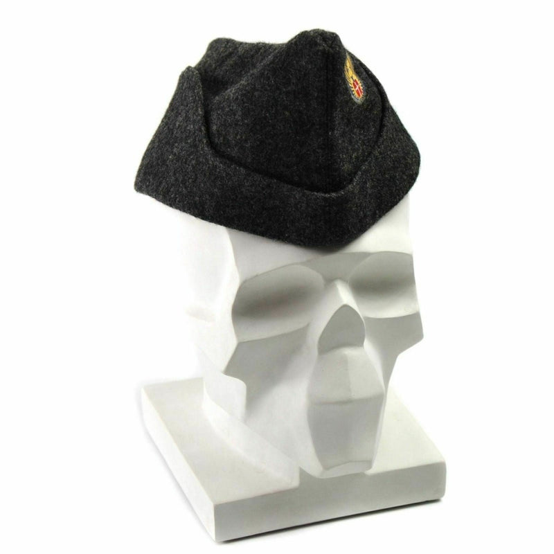 Dark gray genuine Danish army wool side cap from the 1950s displayed on a white skull mannequin head
