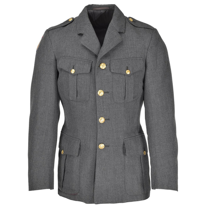 Genuine Danish Civil Defence Forces gray uniform jacket with gold buttons and shoulder insignia, formal military dress style.