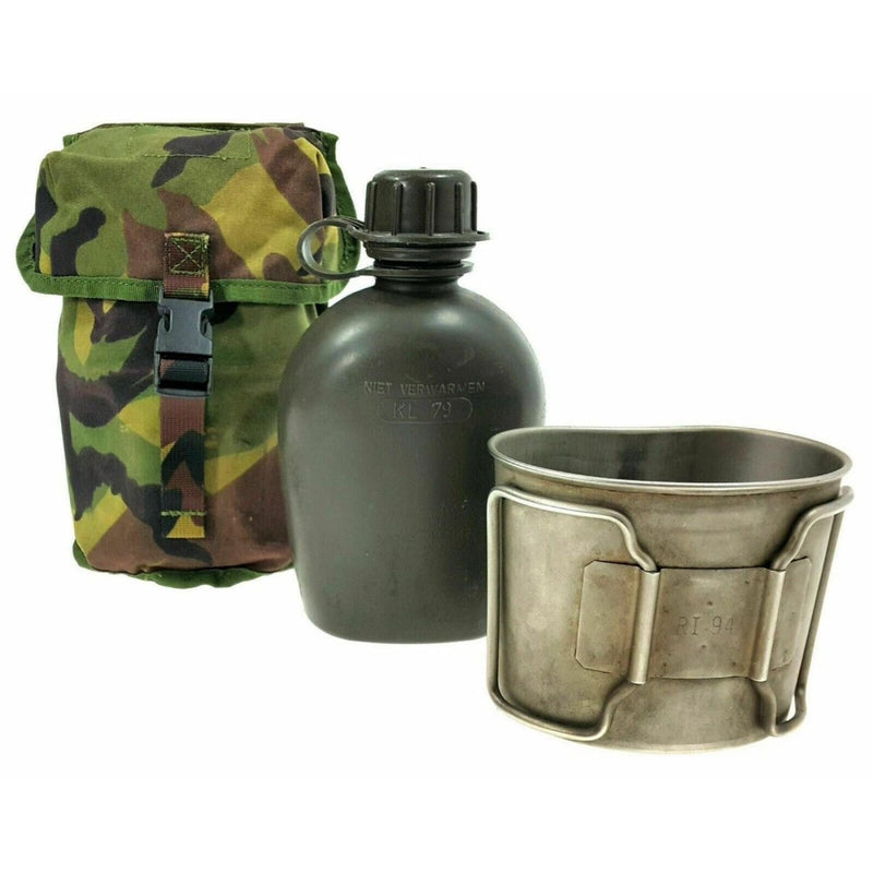 Genuine Dutch Army canteen with DPM camouflage pouch and stainless steel cup MOLLE compatible for outdoor use