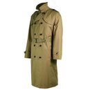 Genuine Dutch army khaki trench coat with double-breasted front, belt, and military style, durable and lined for versatility.