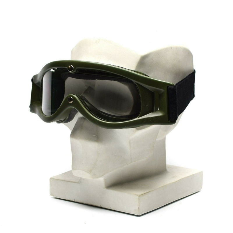 Genuine Dutch army military goggles with rubber frame and dark lens for sun, sand, and wind protection.