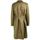 Back view of genuine Dutch army women's khaki long trench coat with belt and pleated detailing