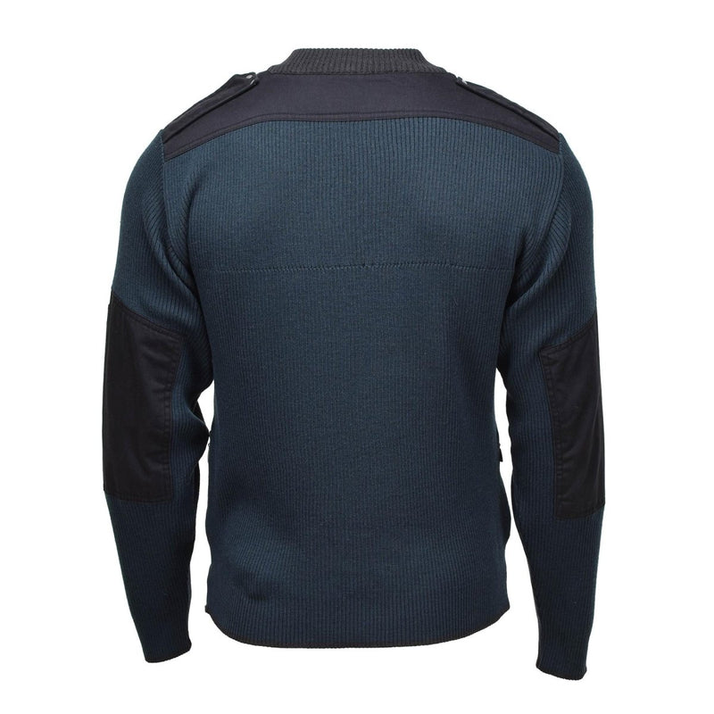 Back view of genuine Dutch military blue rib-knit troyer pullover sweater with reinforced black elbow patches and quarter zip