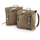 Pair of genuine East German army military rucksacks with raindrop camo and adjustable straps on white background