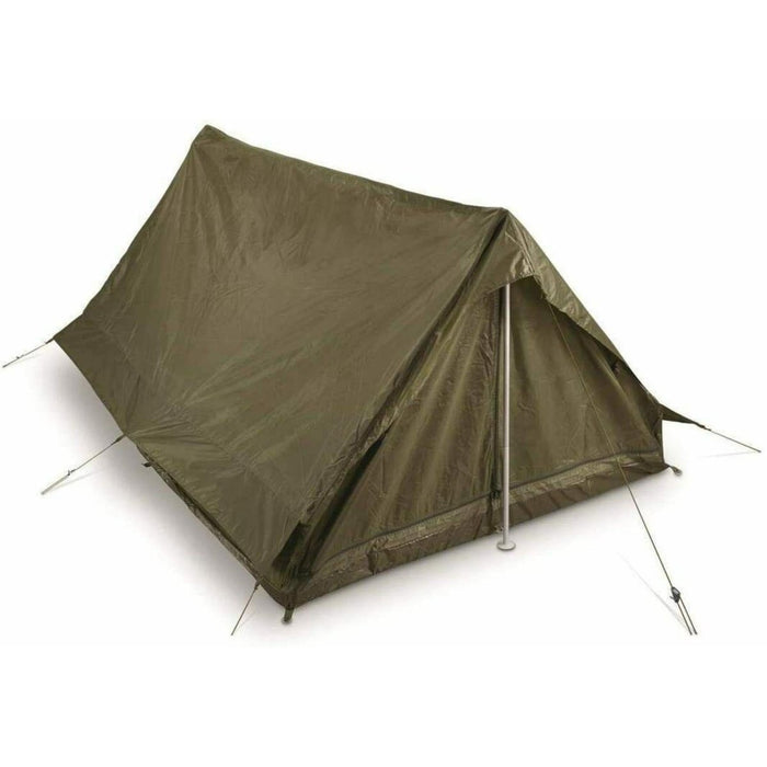 Olivbeige äkta fransk armé F1/F2 2-personers militäröverskottstält med vattentät polyester och myggnätsskydd.
