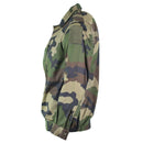 Side view of genuine French army F2 combat jacket in CCE camouflage pattern military surplus new