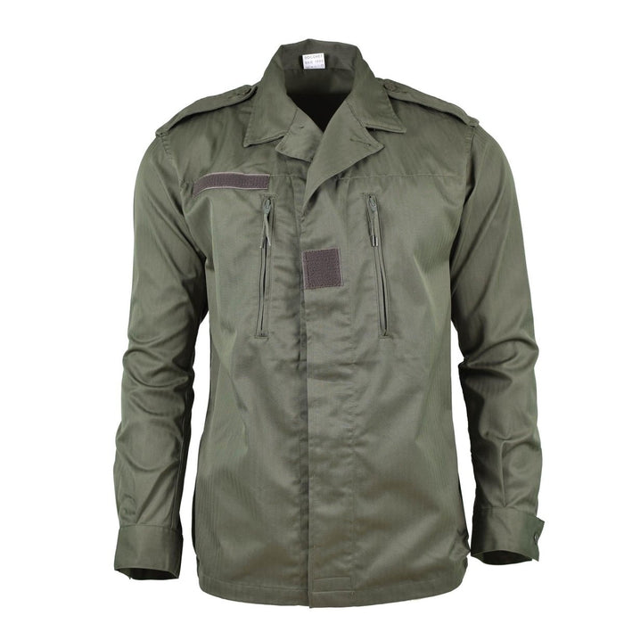 Genuine French Army F2 olive green combat jacket with zippered pockets, adjustable cuffs, epaulettes, and durable military design.