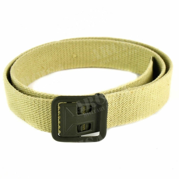 Äkta fransk militär canvas bälte i sand khaki med slitstarkt olivmetallspänne, justerbart för komfort och taktisk användning