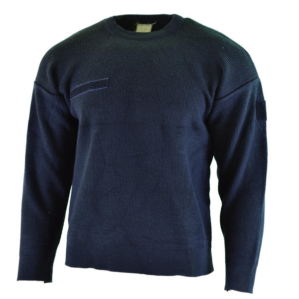 Authentic French Army blue commando jumper with round neck, lightweight and durable military sweater with hook and loop patches.