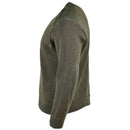 Side view of genuine French army olive commando jumper with reinforced elbows and shoulders in wool blend material