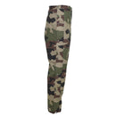 Genuine French Army waterproof trilaminate rain pants with CCE camo pattern and adjustable braces side view