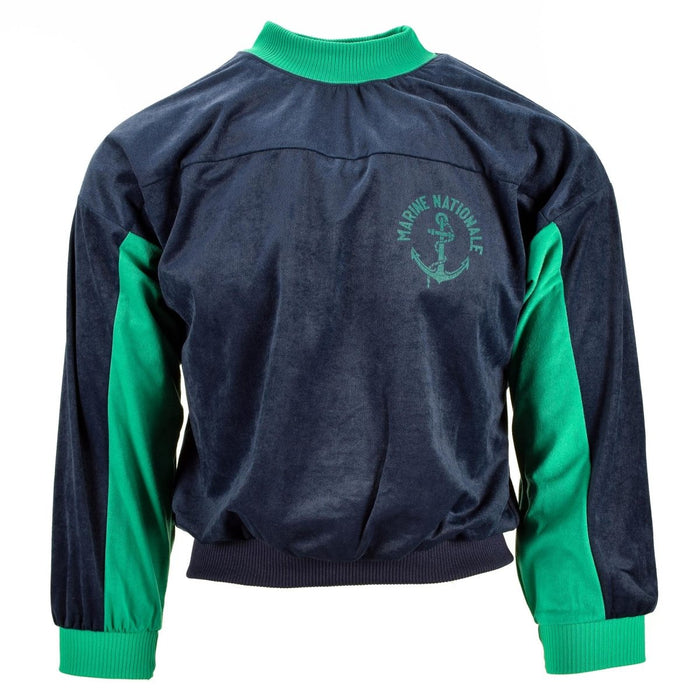 Äkta fransk armé maringrön sporttröja med turtleneck med Marine Nationale-emblem, bomullsblandning, tröja i vintagestil.