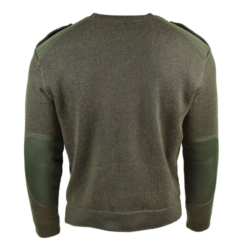 Back view of Genuine French Army olive green wool sweater with reinforced elbows and shoulders, round neck military pullover.