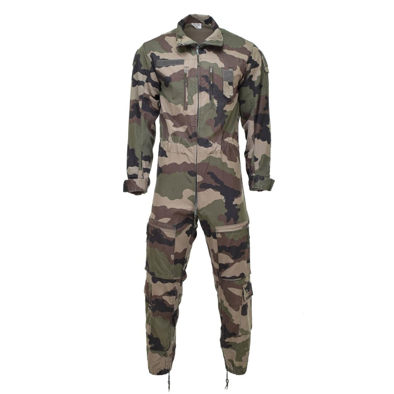 Genuine French military CCE camouflage mechanic jumpsuit with reinforced elbows and knees for durability and roomy fit.