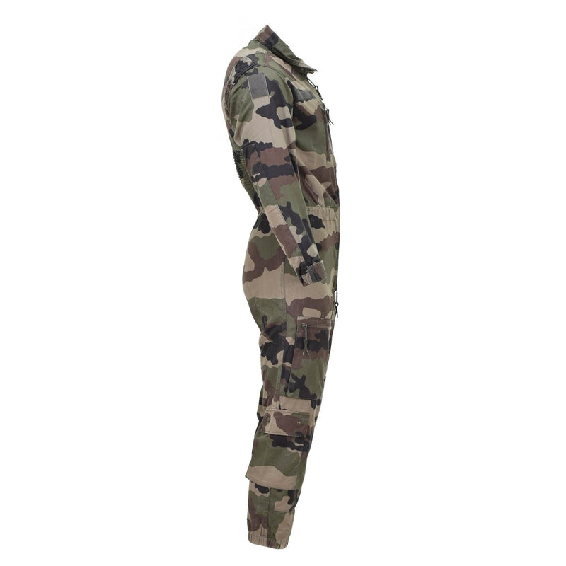 Side view of genuine French military CCE camouflage mechanic jumpsuit with roomy fit and durable fabric