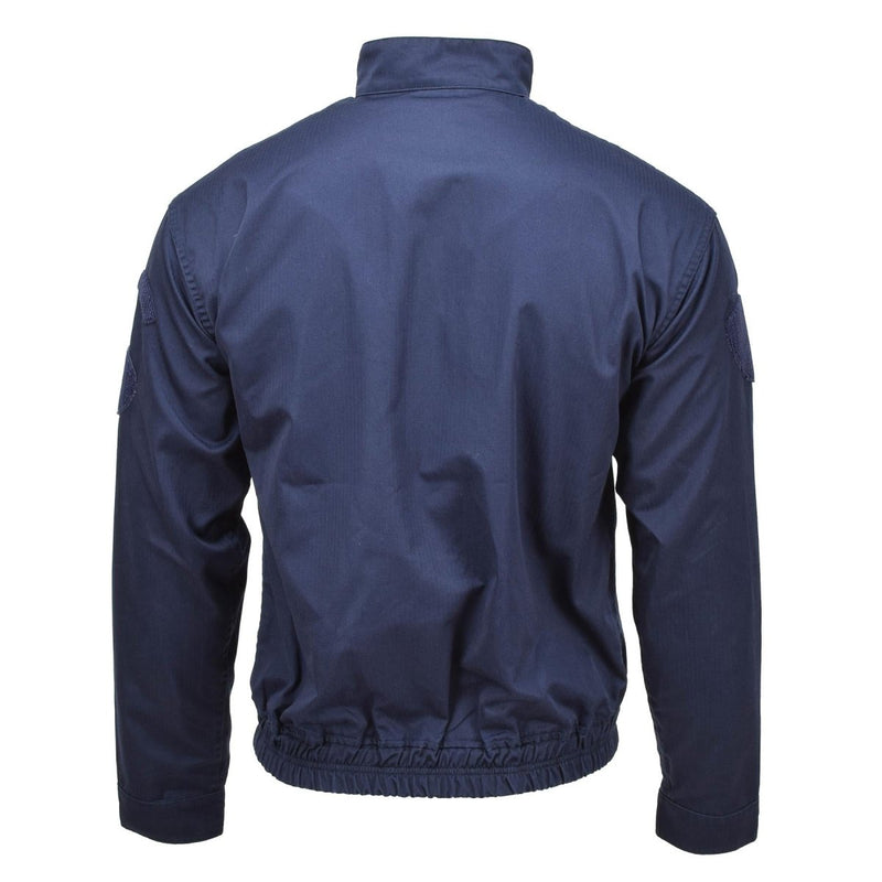 Back view of dark blue French Military Police sports jacket with elastic waist and long sleeves