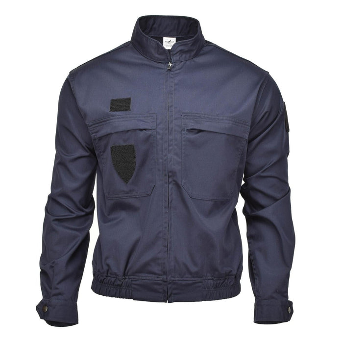 Navy blue genuine French military police jacket with zippered front, multiple pockets, adjustable cuffs, and elastic waistband.